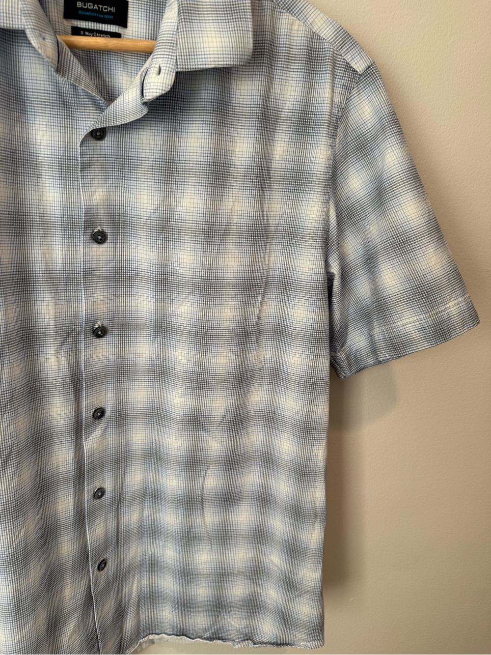 Bugatchi OoohCotton Tech 8-Way Stretch Plaid Shirt Short Sleeve Button Blue L - Picture 7 of 12